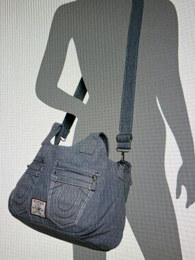 TRUE RELIGION Denim Pocket Horseshoe Logo Shoulder Crossbody Bag Light Blue